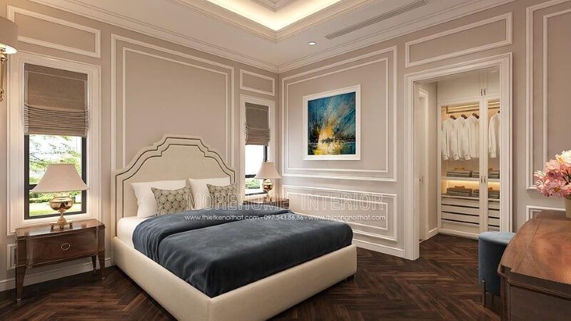 Trang trí nội thất phòng ngủ tân cổ điển đẹp, sang trọng, tinh tế với tone trắng chủ đạo từ giường, tường, trần thạch cao.